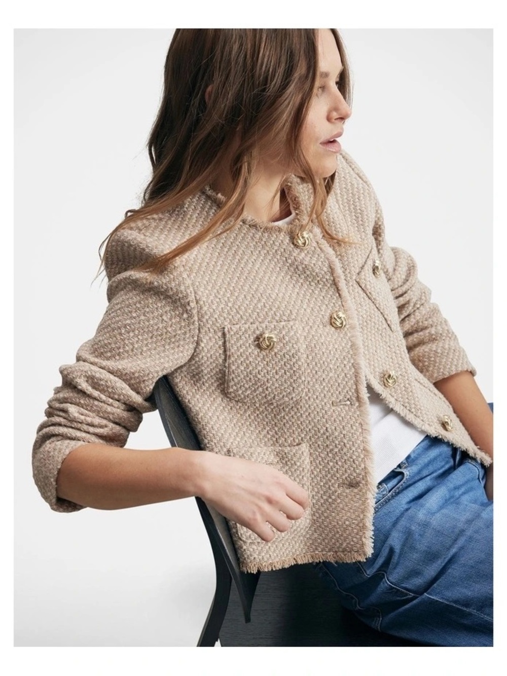 Decjuba Tara Crop Tweed Jacket in Camel